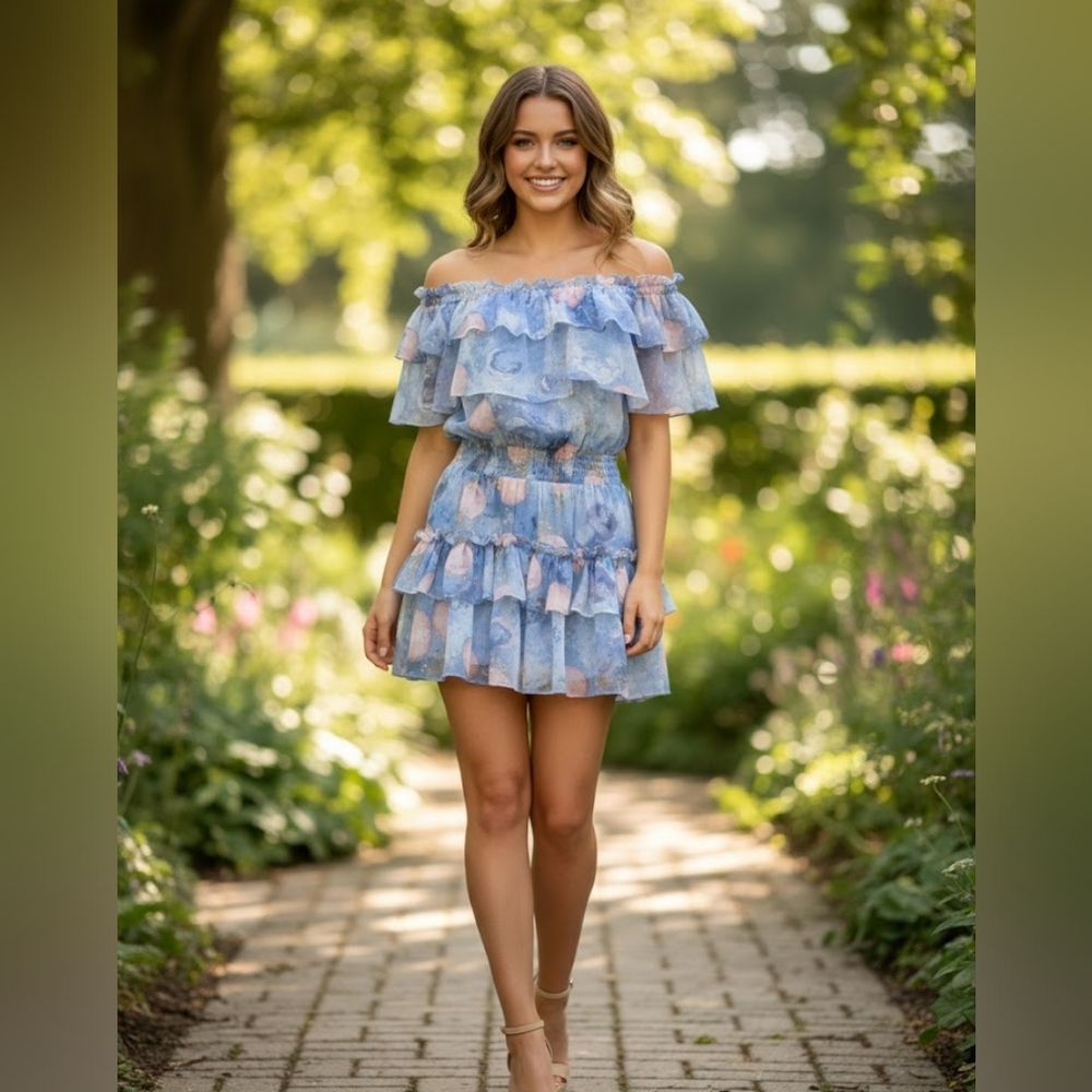 Buddy Love Off-Shoulder Ruffle Mini Dress in Blue and Pink